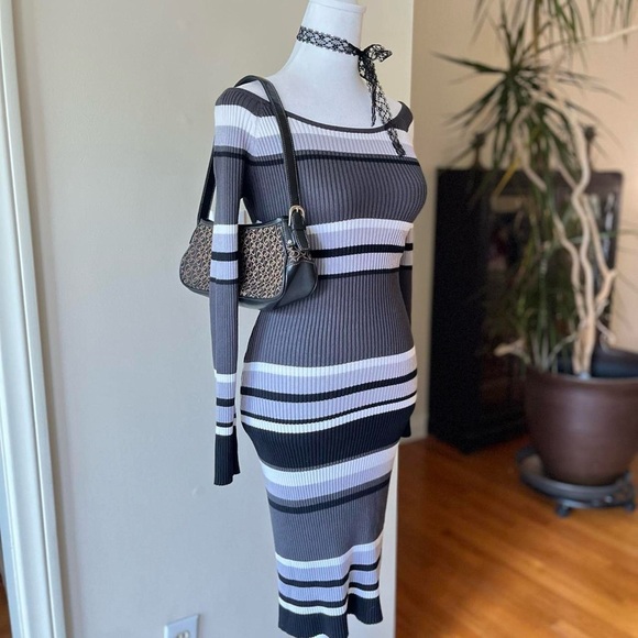 Vintage Y2K Black Gray Ribbed Knit Bodycon Sweater Dress Derek Heart 2000s S-M - Picture 4 of 10